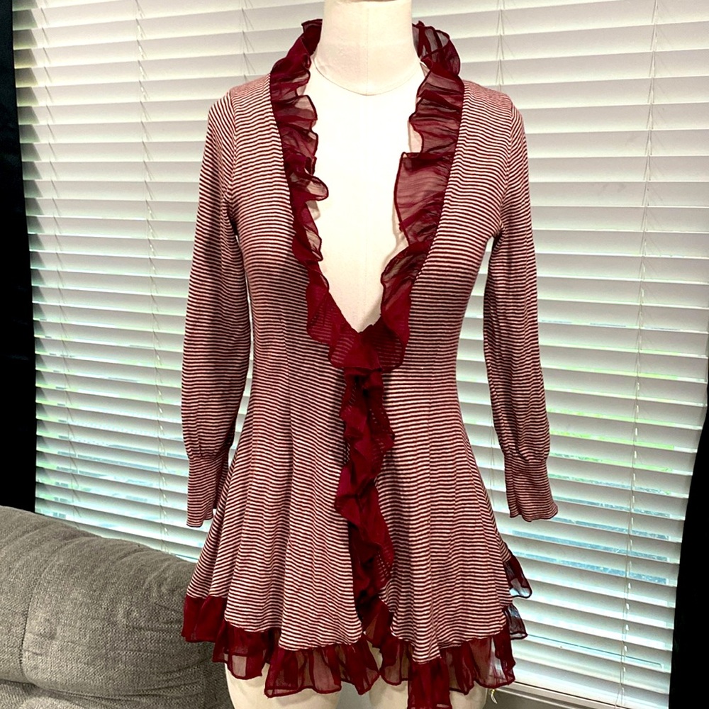 ANTHROPOLOGIE GUINEVERE Cardigan Ruffle Stripe 3/4 Sleeve